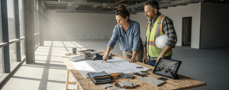 Interior Designers inspect plans.