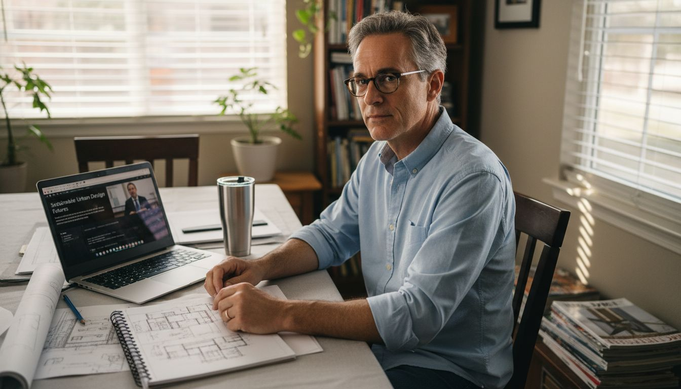 Architect participates in AIA webinar at his office desk.