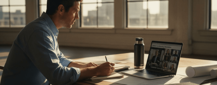 Architect takes online continuing education course at his office desk.