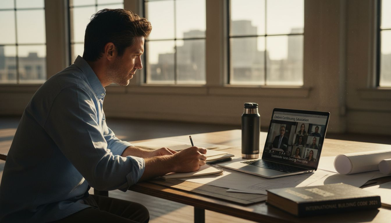 Architect takes online continuing education course at his office desk.