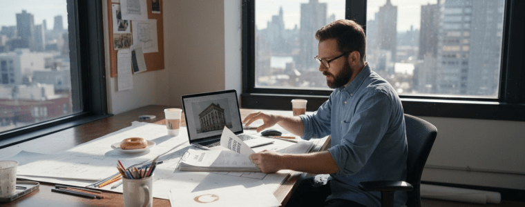 Architect sits at desk and completes AIA education course.