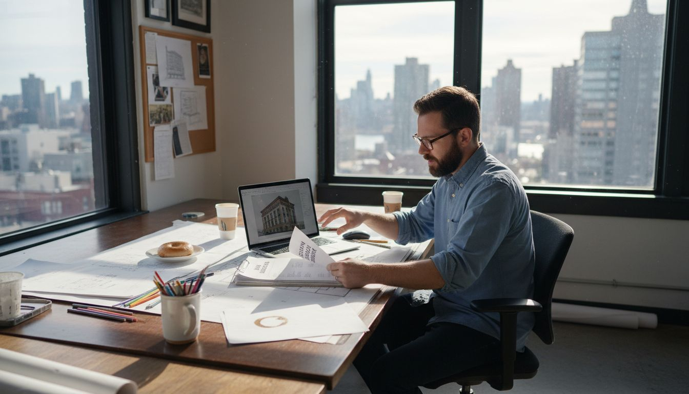 Architect sits at desk and completes AIA education course.