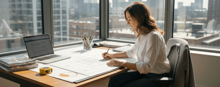 Architect sits at desk and completes AIA continuing education course.