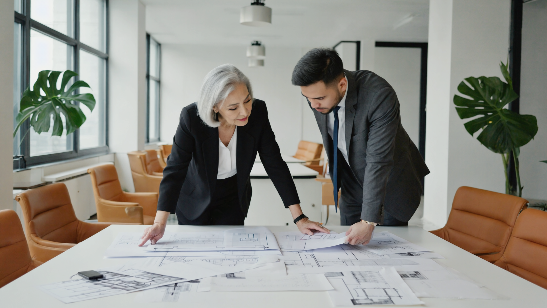 Architects review blueprints on table.