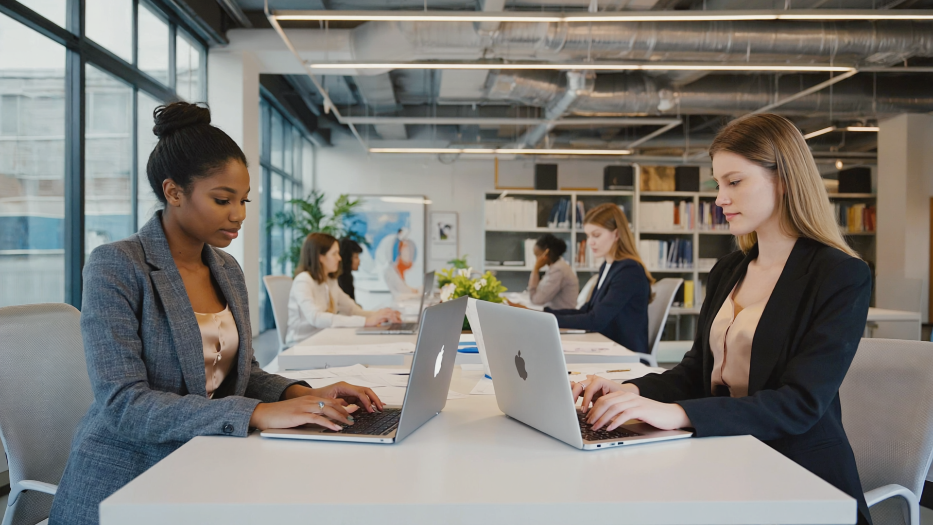 Architects sit at table and take AIA webinars on their laptops.
