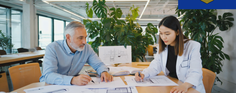 Two architects sit at table and complete Alberta Canada CE course.