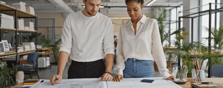 Two architects review ADA requirements for a building.