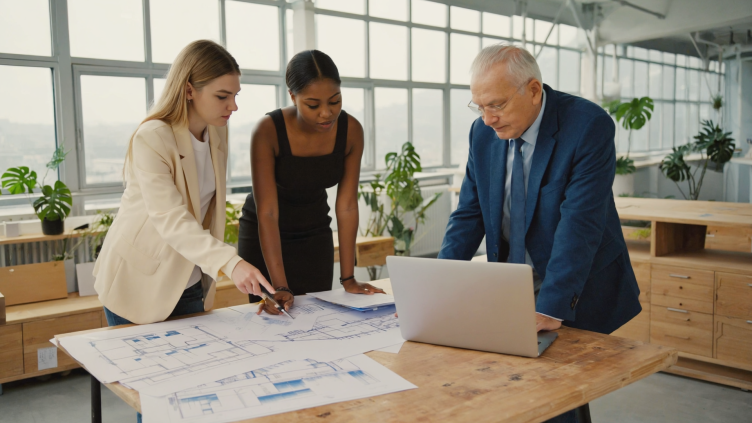 Three IDCEC members review IDCEC courses in the office.