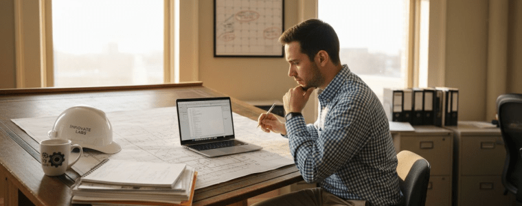 Engineer studies RCEP course at desk in office.