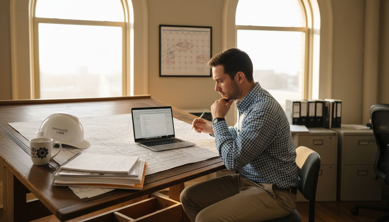 Engineer studies RCEP course at desk in office.