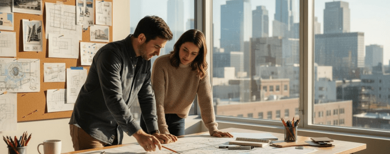 Two architects review blueprints on a table.